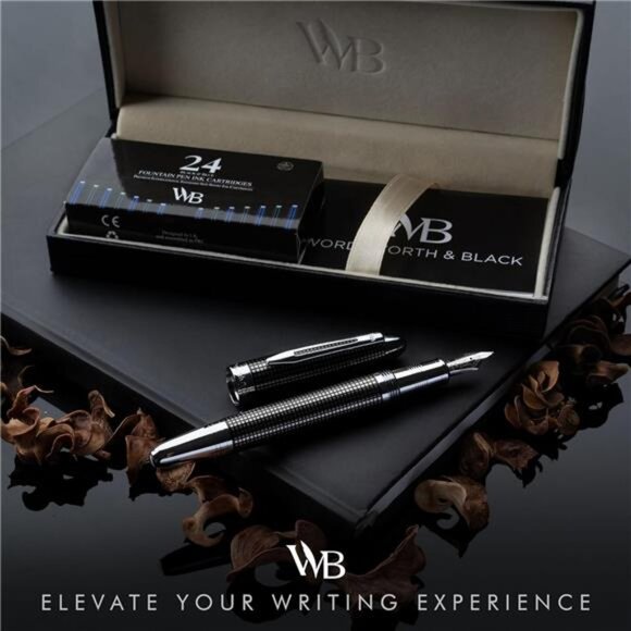 Fountain Pen-(Black Checked), Luxury Case, Stainless